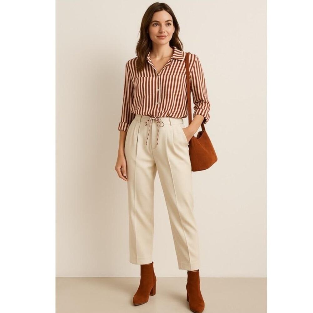 LNA Clothing Rust & Cream Stripe Drawstring Hem Button Down Blouse Size‎ M
